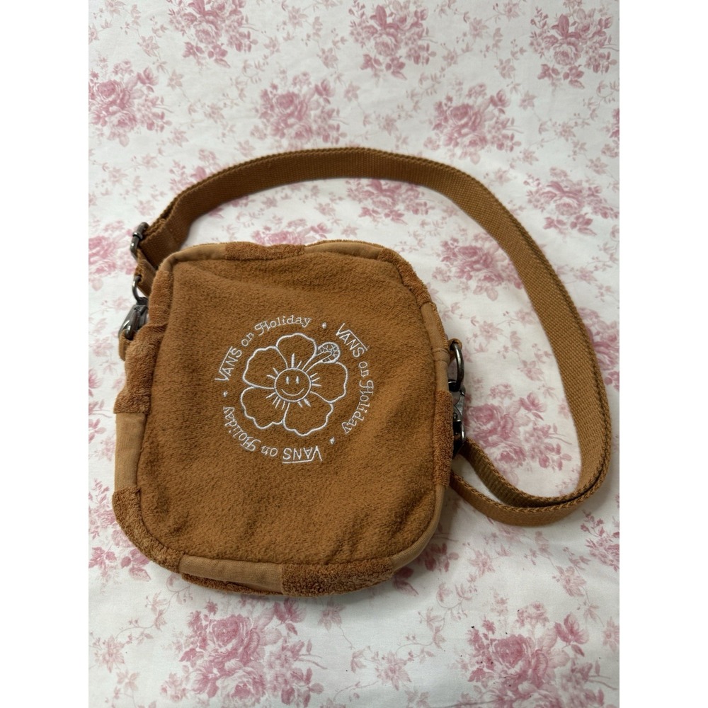 Vans On Holiday Crossbody Bag Brown Terry Cloth Flower Purse 7.5x7.5